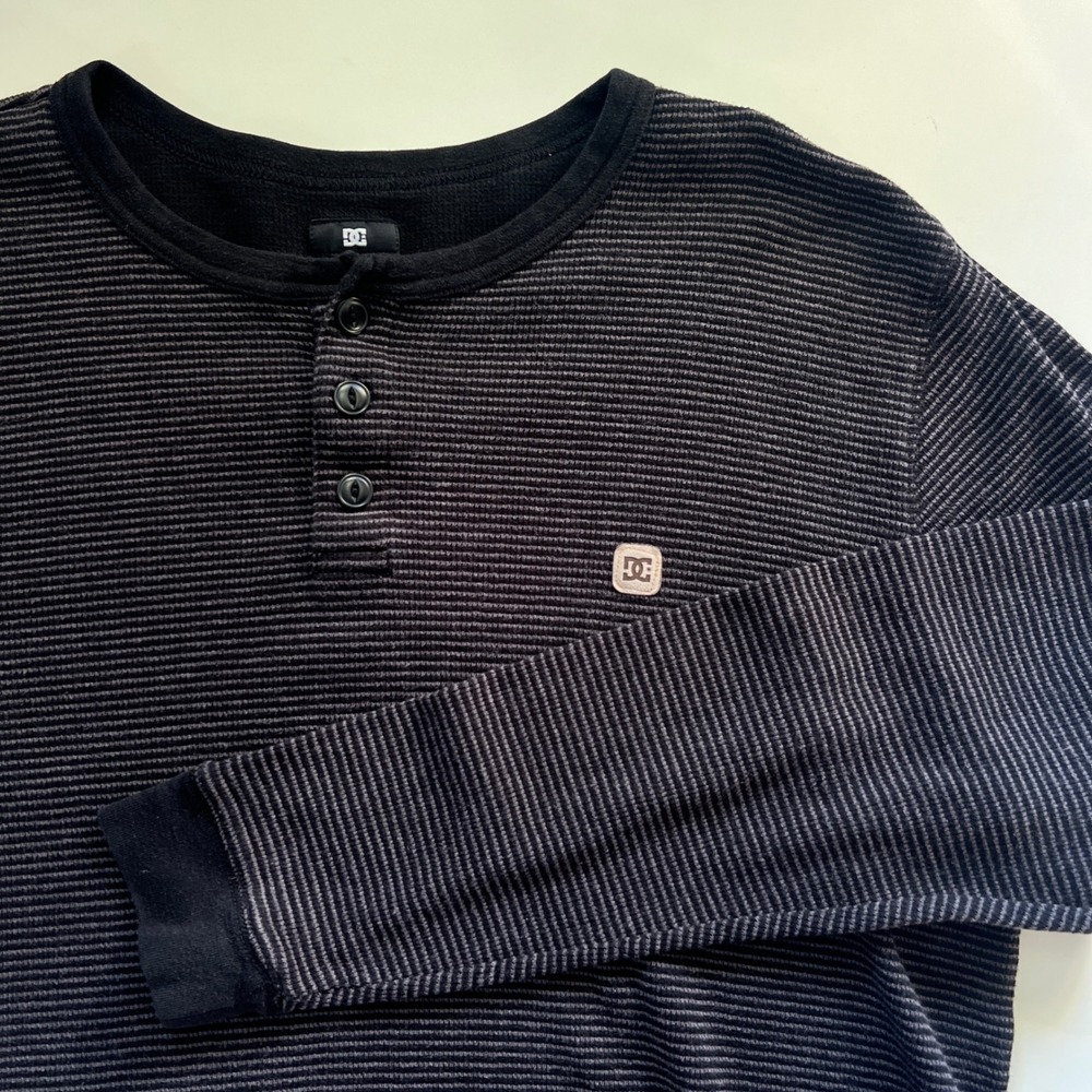Y2K DC Shoes Mens Long Sleeve Striped Henley Thermal‎ Shirt Top XL